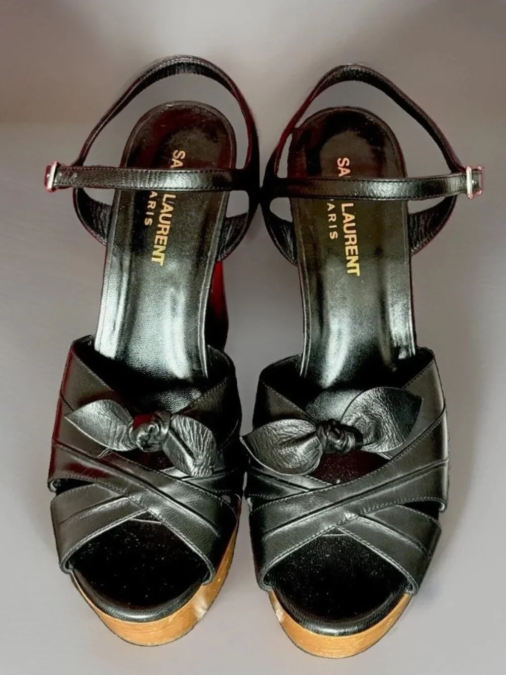 Saint Laurent Candy Black Leather Wooden Platform Sandals 38/8 US
